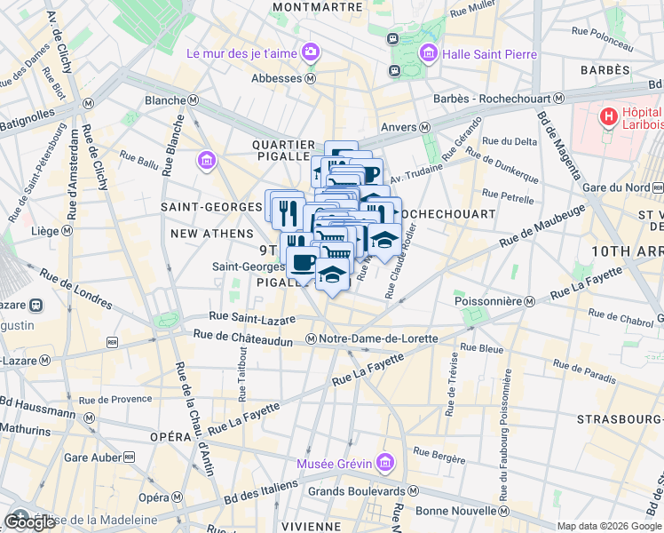 map of restaurants, bars, coffee shops, grocery stores, and more near 25 Rue des Martyrs in Paris