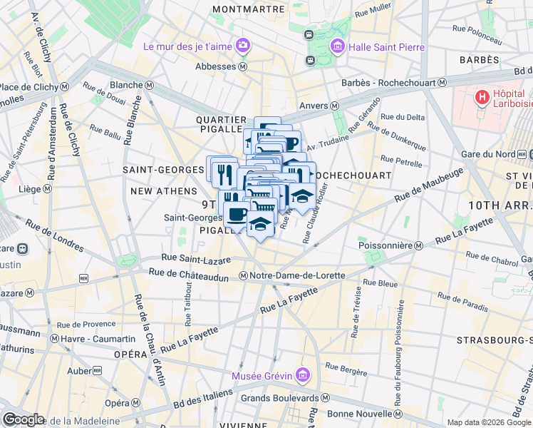 map of restaurants, bars, coffee shops, grocery stores, and more near 32 Rue des Martyrs in Paris