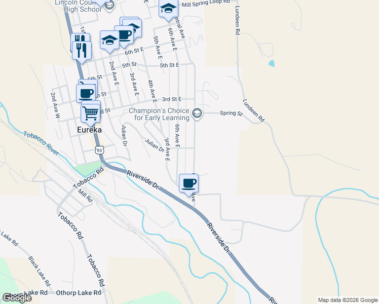 map of restaurants, bars, coffee shops, grocery stores, and more near Cliff Street in Eureka