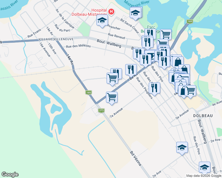 map of restaurants, bars, coffee shops, grocery stores, and more near 351 8e Av in Dolbeau-Mistassini