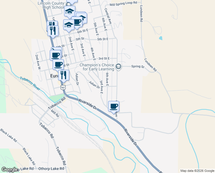 map of restaurants, bars, coffee shops, grocery stores, and more near Cliff St in Eureka