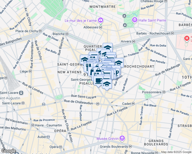 map of restaurants, bars, coffee shops, grocery stores, and more near in Paris