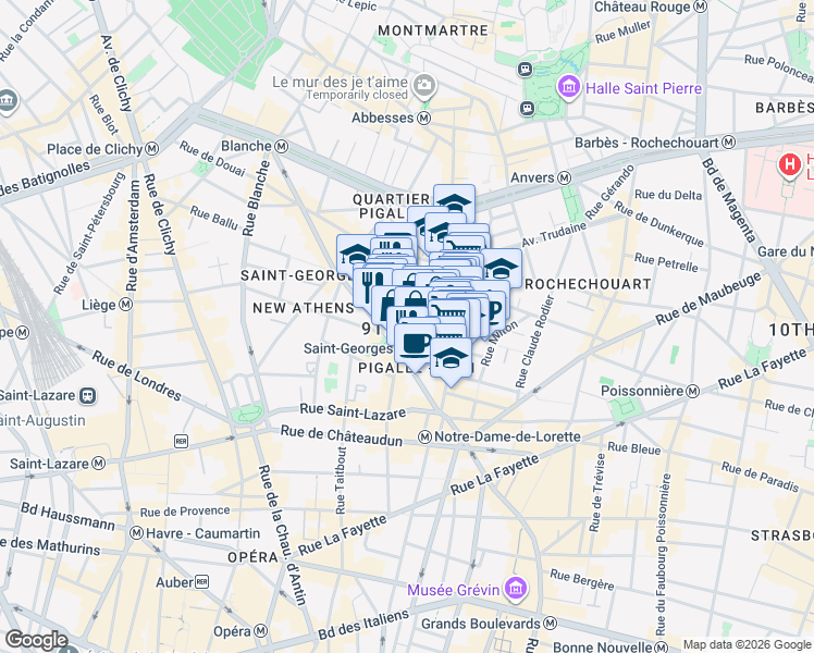 map of restaurants, bars, coffee shops, grocery stores, and more near in Paris