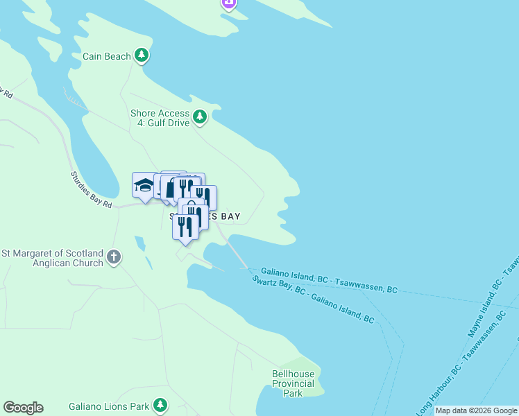 map of restaurants, bars, coffee shops, grocery stores, and more near 214 Gulf Drive in Galiano Island