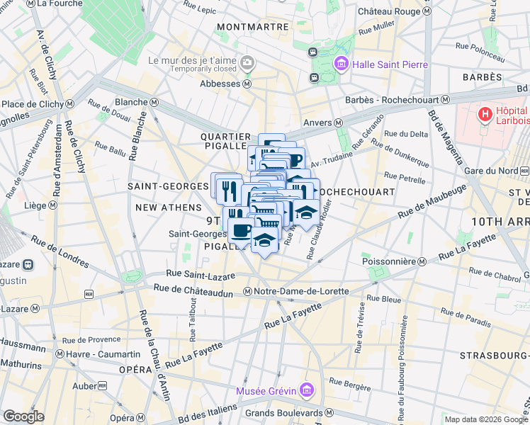 map of restaurants, bars, coffee shops, grocery stores, and more near 37 Rue des Martyrs in Paris