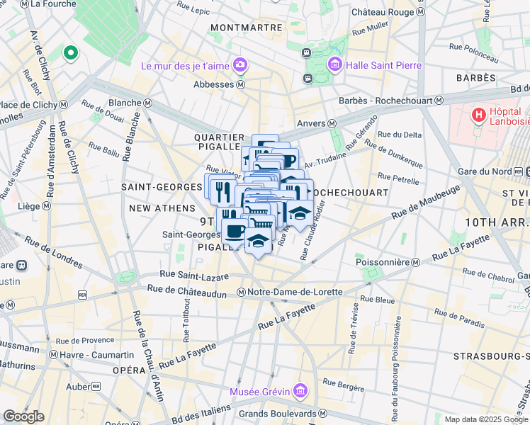 map of restaurants, bars, coffee shops, grocery stores, and more near 46 Rue des Martyrs in Paris