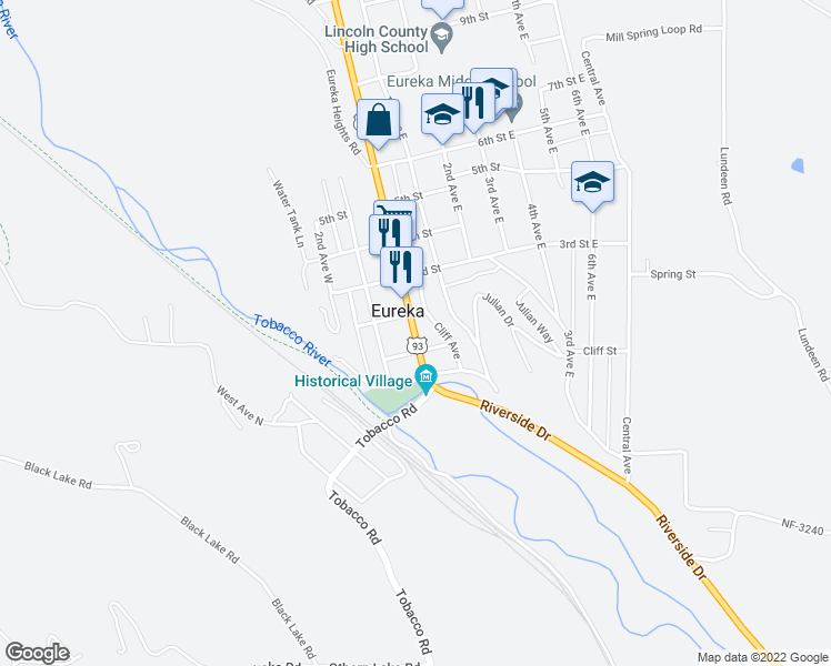 map of restaurants, bars, coffee shops, grocery stores, and more near Dewey Avenue in Eureka