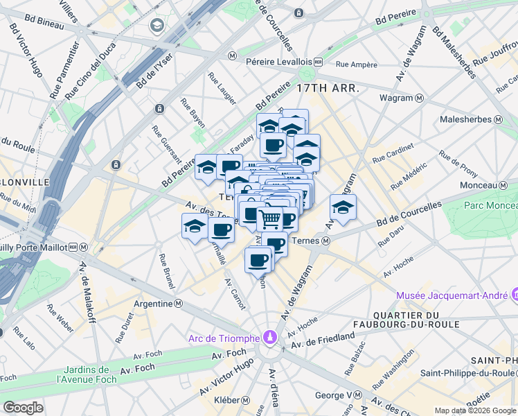 map of restaurants, bars, coffee shops, grocery stores, and more near 7 Avenue Niel in Paris