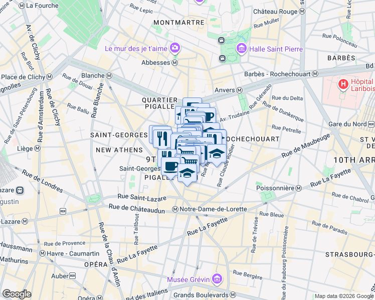 map of restaurants, bars, coffee shops, grocery stores, and more near 4 Rue de Navarin in Paris