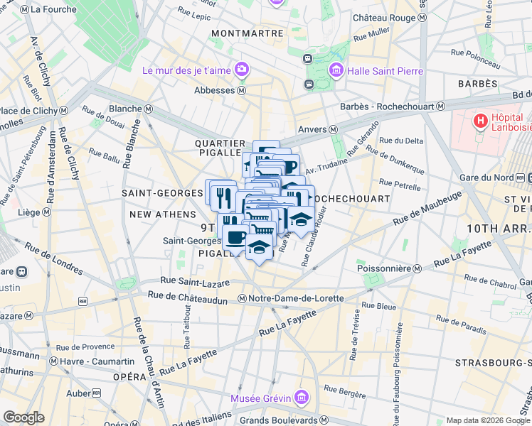 map of restaurants, bars, coffee shops, grocery stores, and more near 41 Rue des Martyrs in Paris