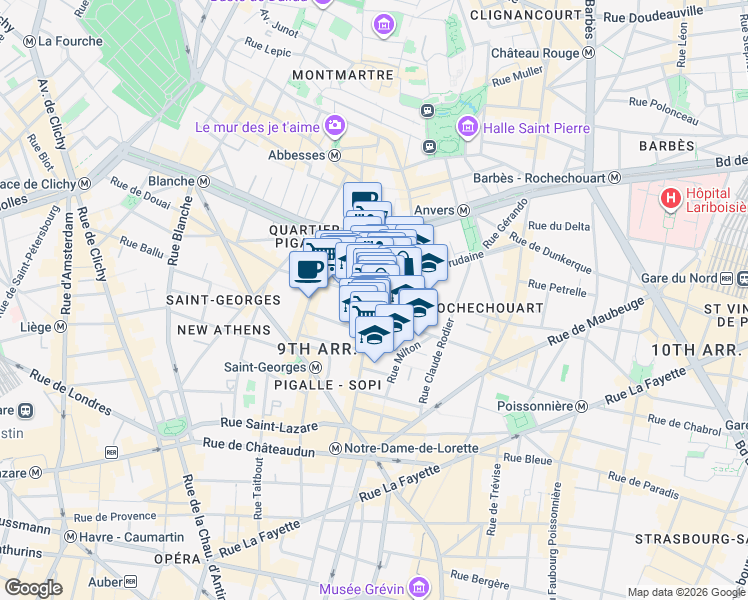 map of restaurants, bars, coffee shops, grocery stores, and more near 53 Rue des Martyrs in Paris