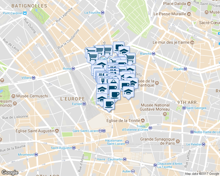 map of restaurants, bars, coffee shops, grocery stores, and more near 55 Rue d'Amsterdam in Paris