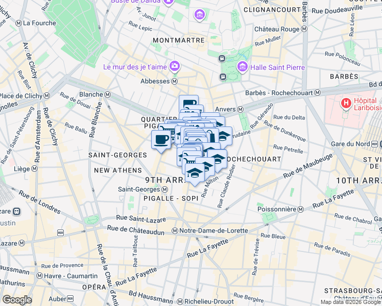 map of restaurants, bars, coffee shops, grocery stores, and more near 3 Rue Victor Massé in Paris