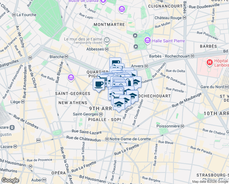 map of restaurants, bars, coffee shops, grocery stores, and more near 3 Rue Victor Masse in Paris