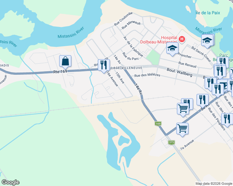 map of restaurants, bars, coffee shops, grocery stores, and more near 346 Rue Villeneuve in Dolbeau-Mistassini
