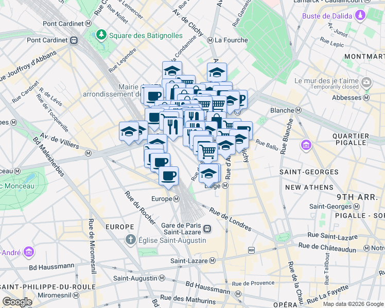 map of restaurants, bars, coffee shops, grocery stores, and more near 7 Rue Clapeyron in Paris