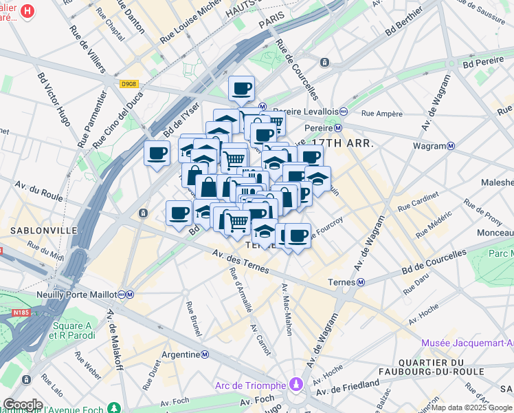 map of restaurants, bars, coffee shops, grocery stores, and more near 36 Rue Bayen in Paris