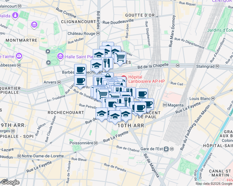 map of restaurants, bars, coffee shops, grocery stores, and more near 11 Rue Ambroise Paré in Paris