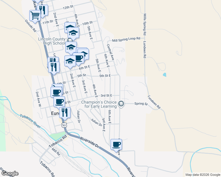 map of restaurants, bars, coffee shops, grocery stores, and more near 300-398 6th Avenue East in Eureka
