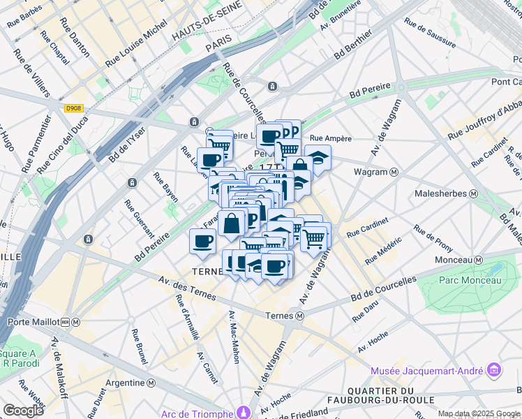 map of restaurants, bars, coffee shops, grocery stores, and more near 73 Avenue Niel in Paris