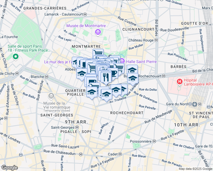 map of restaurants, bars, coffee shops, grocery stores, and more near 4 Rue Dancourt in Paris