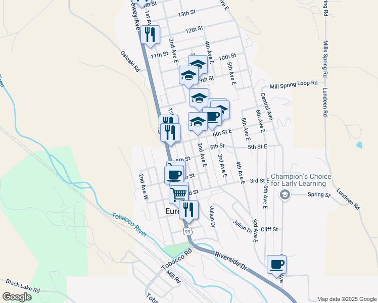 map of restaurants, bars, coffee shops, grocery stores, and more near 509 1st Avenue East in Eureka