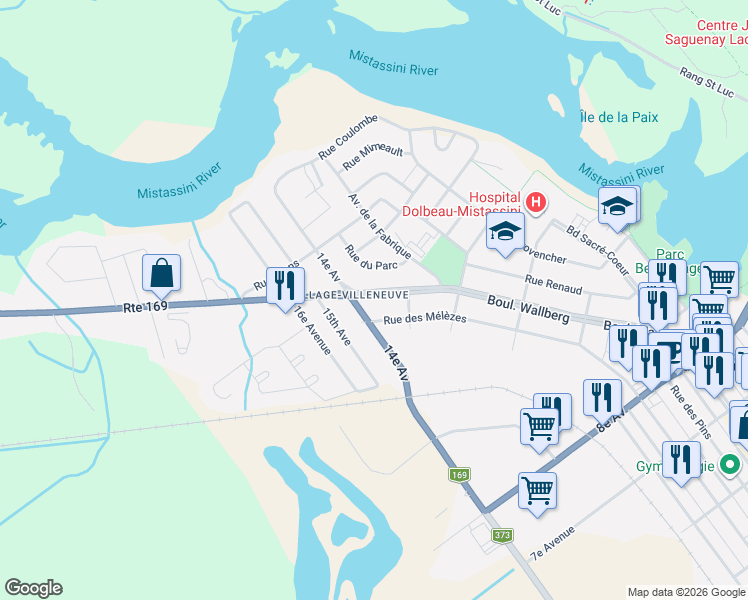 map of restaurants, bars, coffee shops, grocery stores, and more near 2137 Boulevard Wallberg in Dolbeau-Mistassini