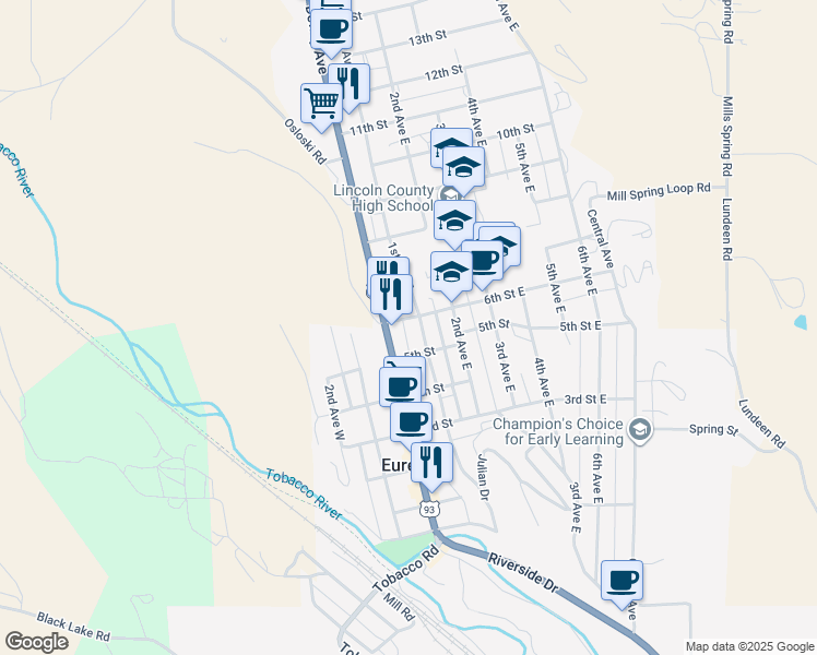 map of restaurants, bars, coffee shops, grocery stores, and more near 509 1st Avenue East in Eureka