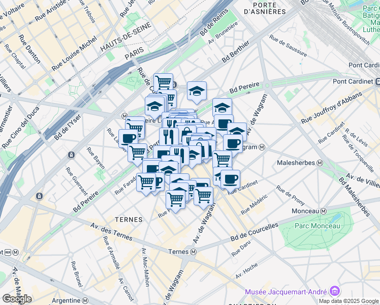 map of restaurants, bars, coffee shops, grocery stores, and more near 153 Rue de Courcelles in Paris