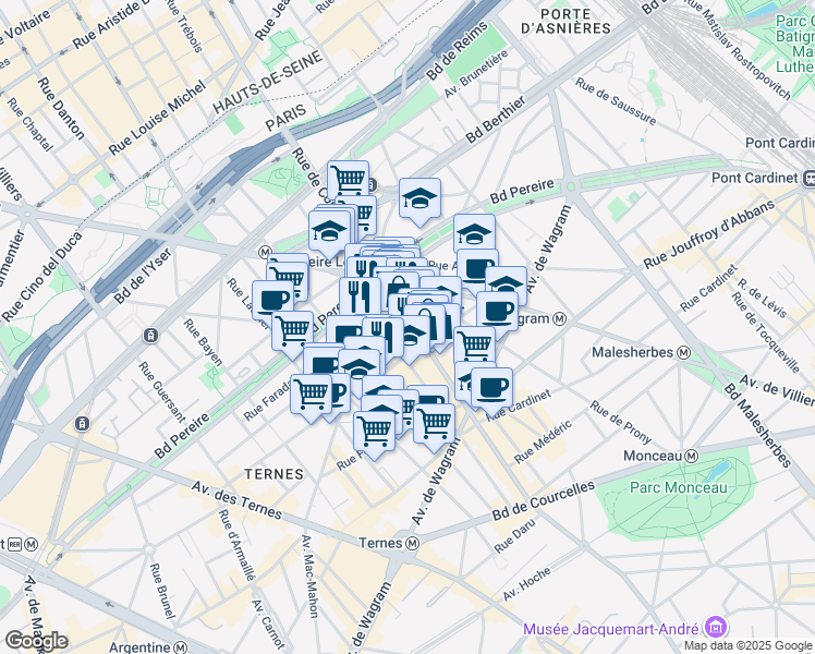 map of restaurants, bars, coffee shops, grocery stores, and more near 153 Rue de Courcelles in Paris