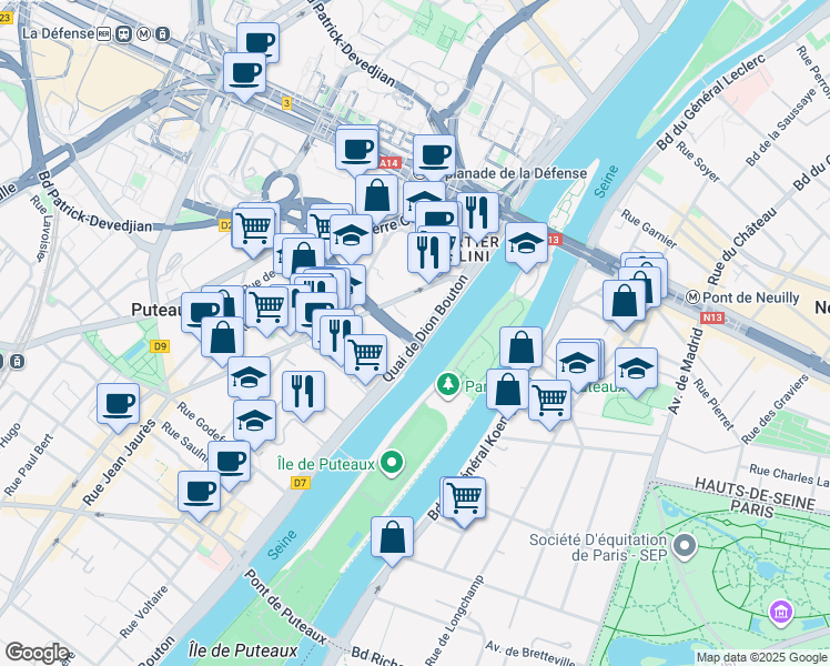 map of restaurants, bars, coffee shops, grocery stores, and more near 54 Quai de Dion Bouton in Puteaux