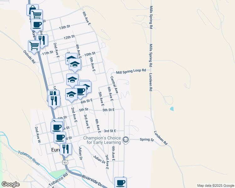 map of restaurants, bars, coffee shops, grocery stores, and more near 482 Central Avenue in Eureka