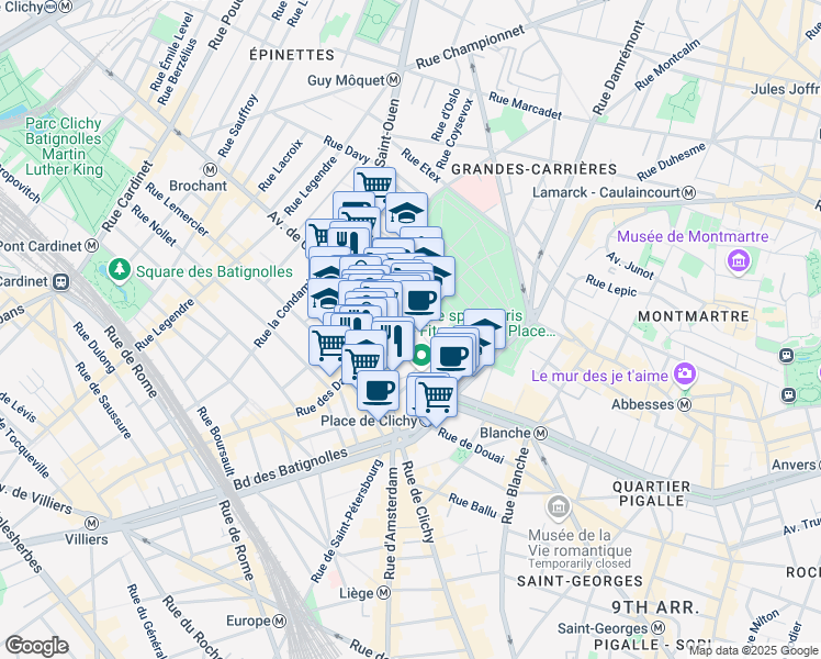 map of restaurants, bars, coffee shops, grocery stores, and more near 13 Rue Cavallotti in Paris
