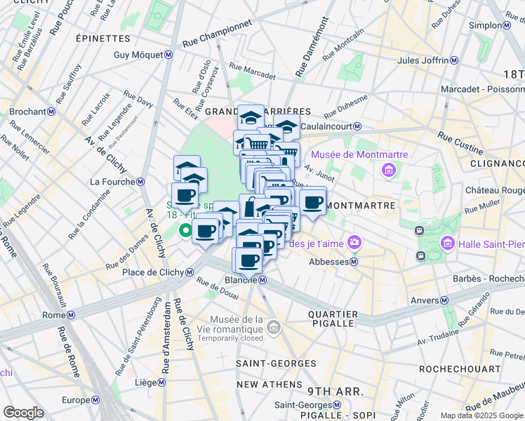 map of restaurants, bars, coffee shops, grocery stores, and more near 12 Rue Joseph de Maistre in Paris