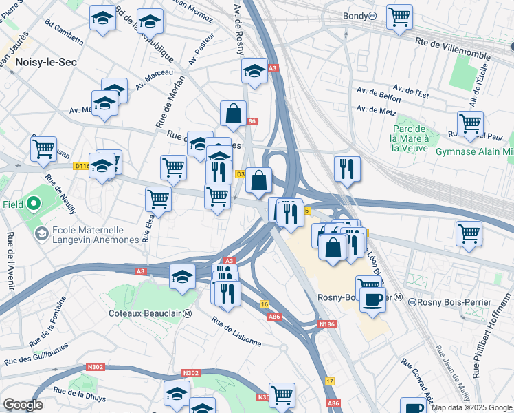 map of restaurants, bars, coffee shops, grocery stores, and more near 268 Rue de Brément in Rosny-sous-Bois