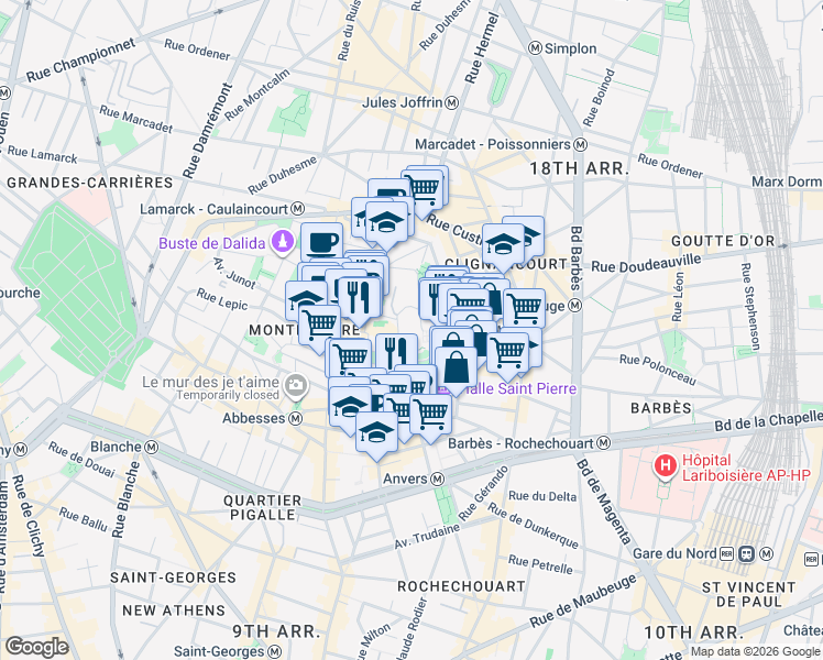 map of restaurants, bars, coffee shops, grocery stores, and more near 35 Rue du Chevalier de la Barre in Paris