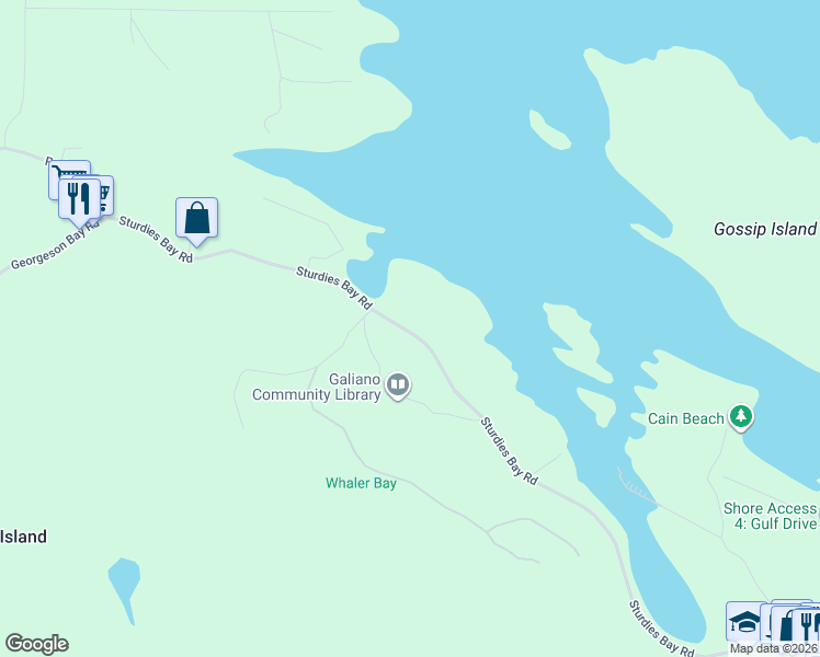 map of restaurants, bars, coffee shops, grocery stores, and more near 953 Sturdies Bay Road in Galiano Island