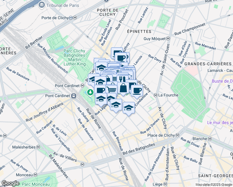 map of restaurants, bars, coffee shops, grocery stores, and more near 84 Rue Nollet in Paris
