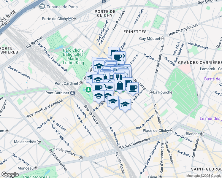 map of restaurants, bars, coffee shops, grocery stores, and more near 90 Rue Nollet in Paris