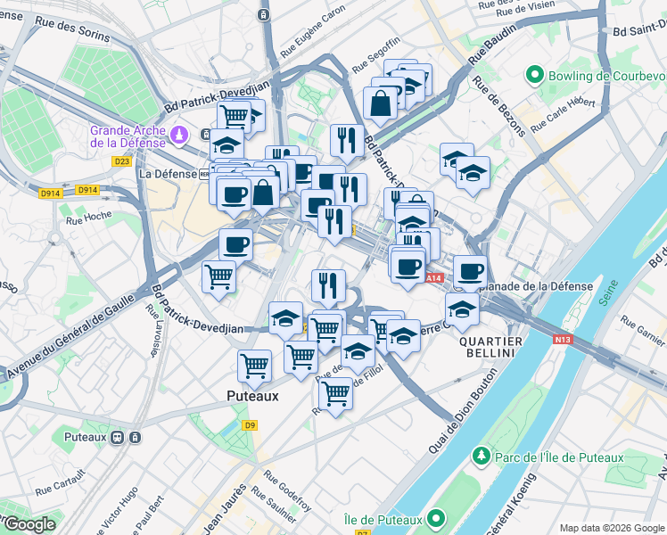 map of restaurants, bars, coffee shops, grocery stores, and more near in Puteaux