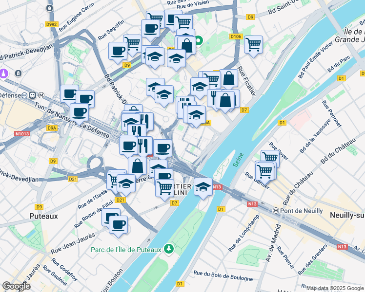 map of restaurants, bars, coffee shops, grocery stores, and more near in Courbevoie