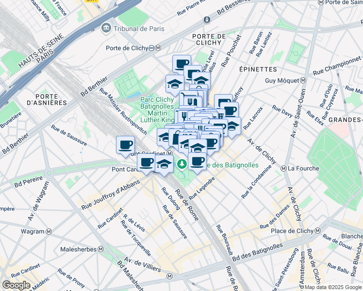 map of restaurants, bars, coffee shops, grocery stores, and more near 118 Rue Truffaut in Paris