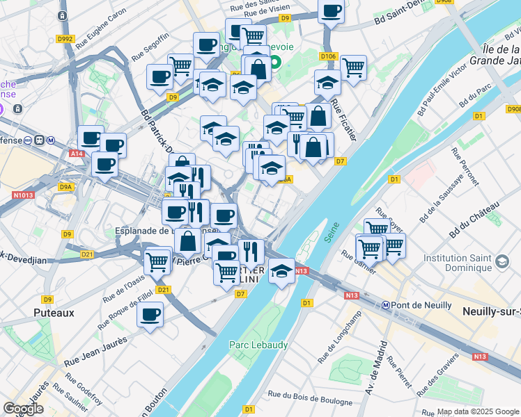 map of restaurants, bars, coffee shops, grocery stores, and more near 2 Place des Saisons in Courbevoie