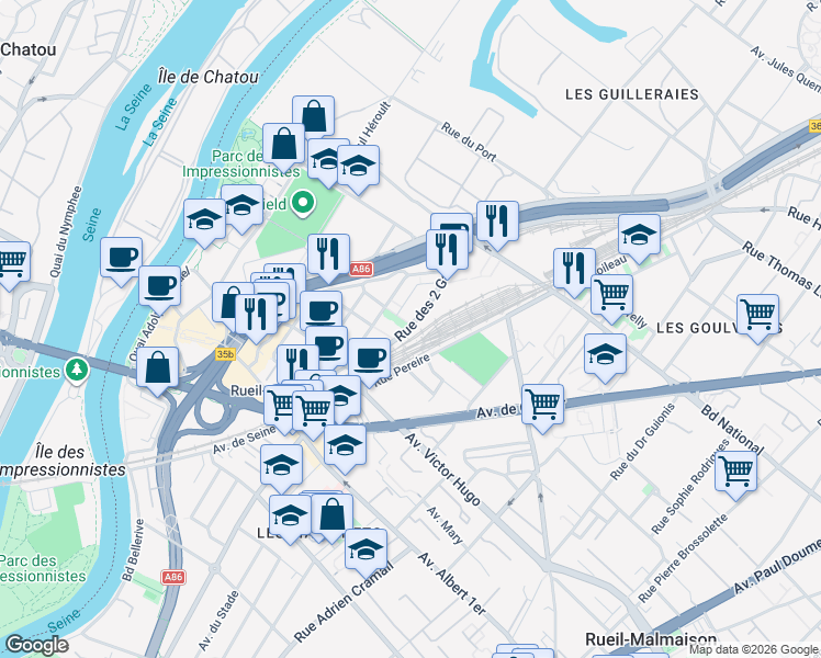 map of restaurants, bars, coffee shops, grocery stores, and more near 20 Rue des Deux Gares in Rueil-Malmaison