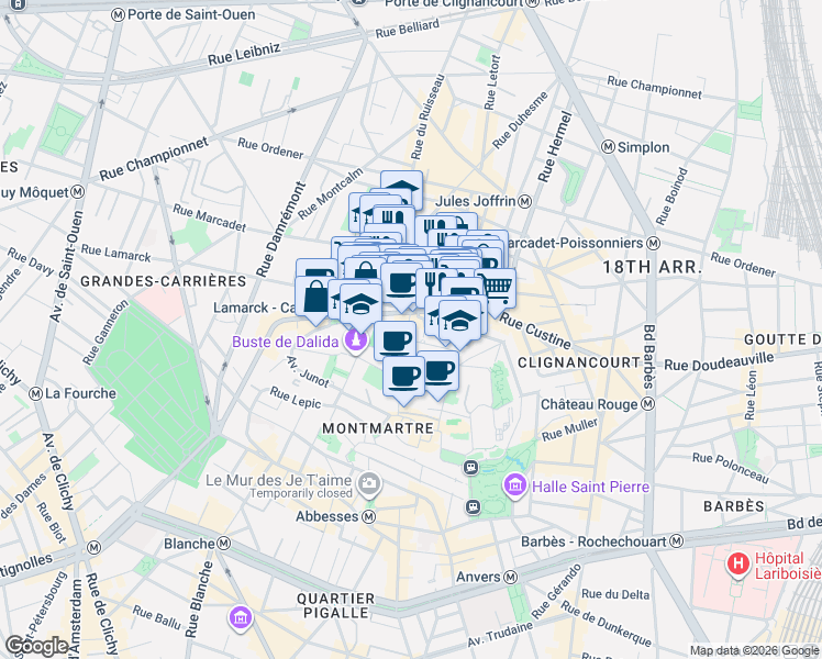 map of restaurants, bars, coffee shops, grocery stores, and more near 30 Rue des Saules in Paris