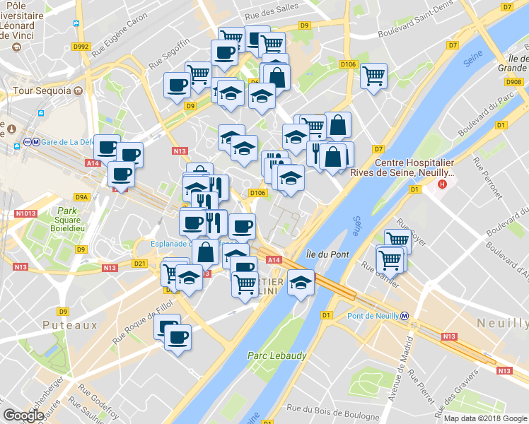 map of restaurants, bars, coffee shops, grocery stores, and more near 2 Place des Saisons in Courbevoie