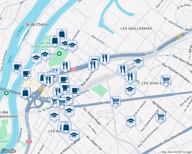 map of restaurants, bars, coffee shops, grocery stores, and more near 20 Rue des Deux Gares in Rueil-Malmaison
