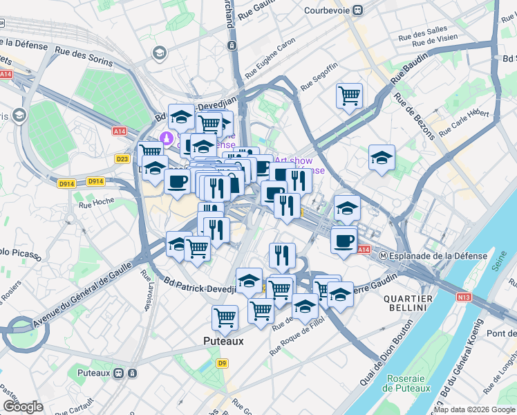 map of restaurants, bars, coffee shops, grocery stores, and more near 20 Place de la Défense in Puteaux