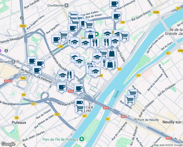 map of restaurants, bars, coffee shops, grocery stores, and more near Place des Dominos in Courbevoie