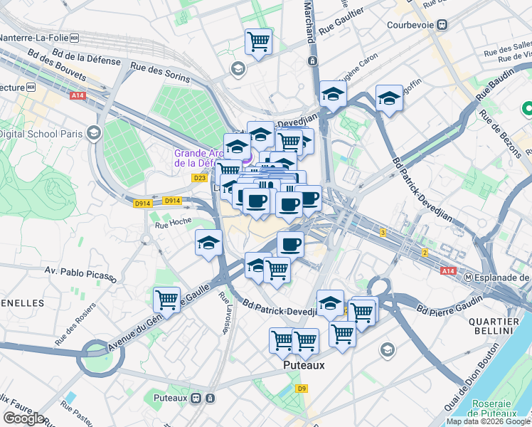 map of restaurants, bars, coffee shops, grocery stores, and more near 15 Parvis de la Défense in Puteaux